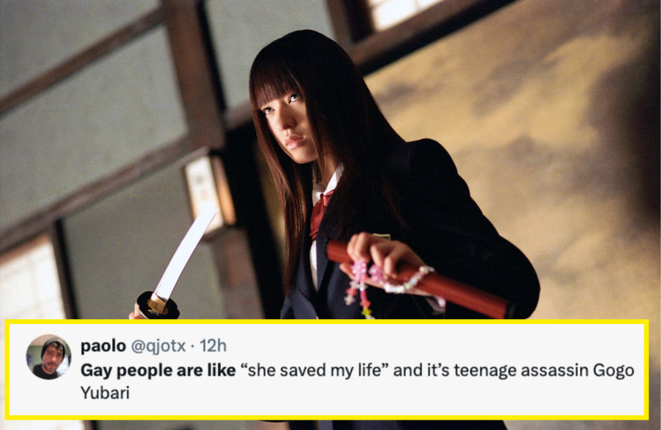 Chiaki Kuriyama as Gogo Yubari in "Kill Bill," wielding a sword, in school uniform