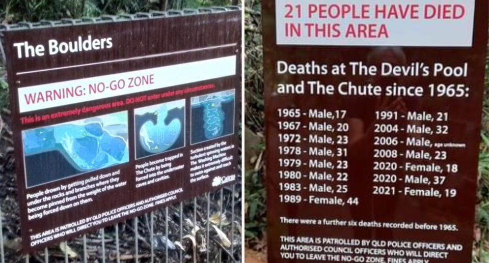 Babinda Boulders graphic warning signs