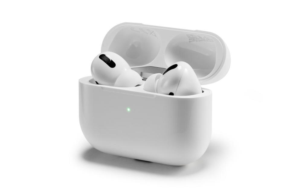 A pair of [hotlink]Apple[/hotlink] AirPods Pro wireless headphones and charging case, taken on November 5, 2019.