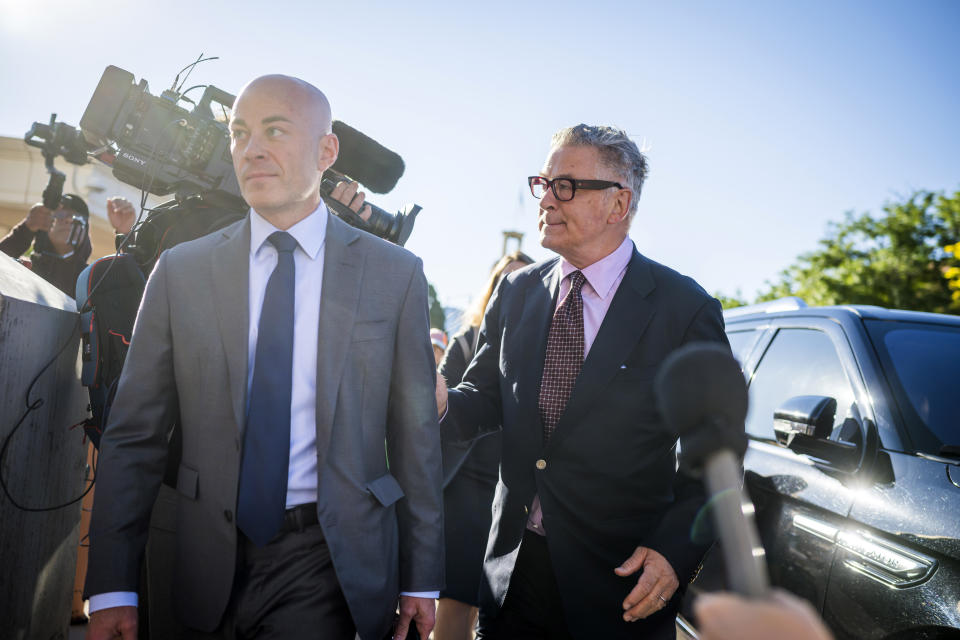 Actor Alec Baldwin, right, arrives with his attorney Luke Nikas in District Court for jury selection in his involuntary manslaughter trial, Wednesday, July 10, 2024, in Santa Fe, N.M. (AP Photo/Roberto E. Rosales)