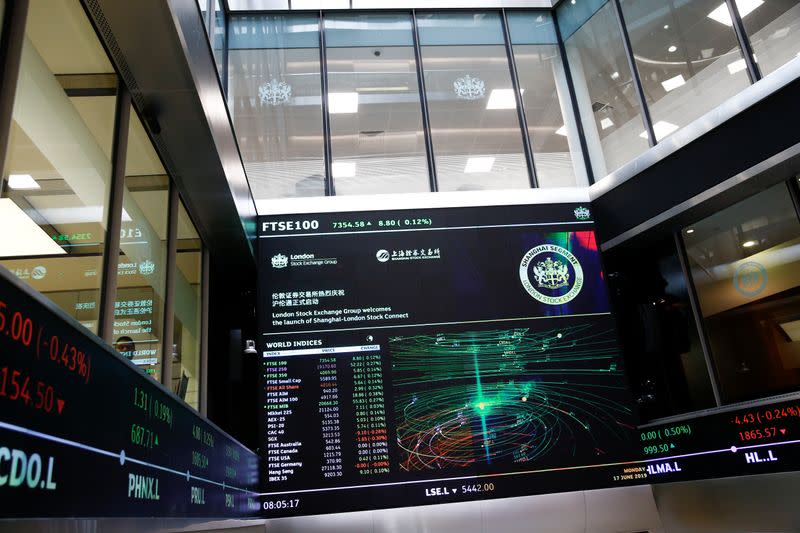 A trading screen is seen following the opening of the markets by British Chancellor of the Exchequer Philip Hammond and Chinese Vice-Premier Hu Chunhua at the London Stock Exchange in London