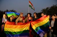 <p>Indian gay rights activists celebrate after the country’s Supreme Court agreed to review a decision which criminalises gay sex in New Delhi on February 2, 2016. India’s top court agreed to review a decision which criminalises gay sex, sparking hope among campaigners that the colonial-era law will eventually be overturned in the world’s biggest democracy. </p>