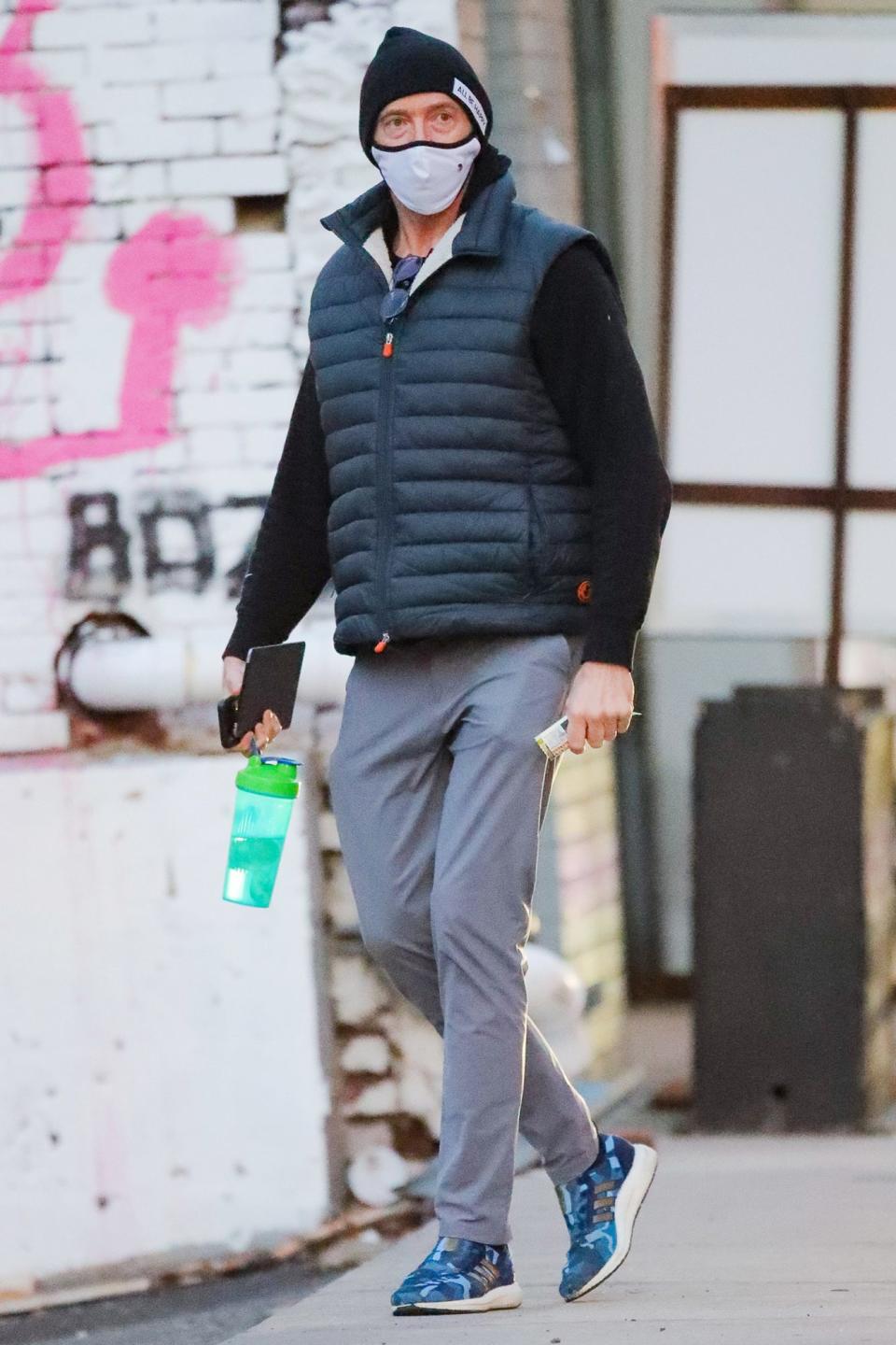 <p>Hugh Jackman is seen toting a water bottle as he leaves the gym on Monday in N.Y.C. </p>