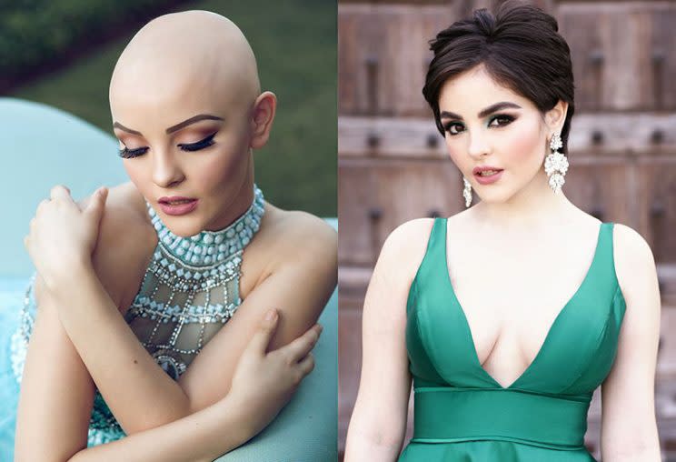 At left, Andrea Sierra Salazar went viral last year when she posed for a princess photo shoot; Salazar looks glam at prom. (Photo by Gerardo Garmendia)