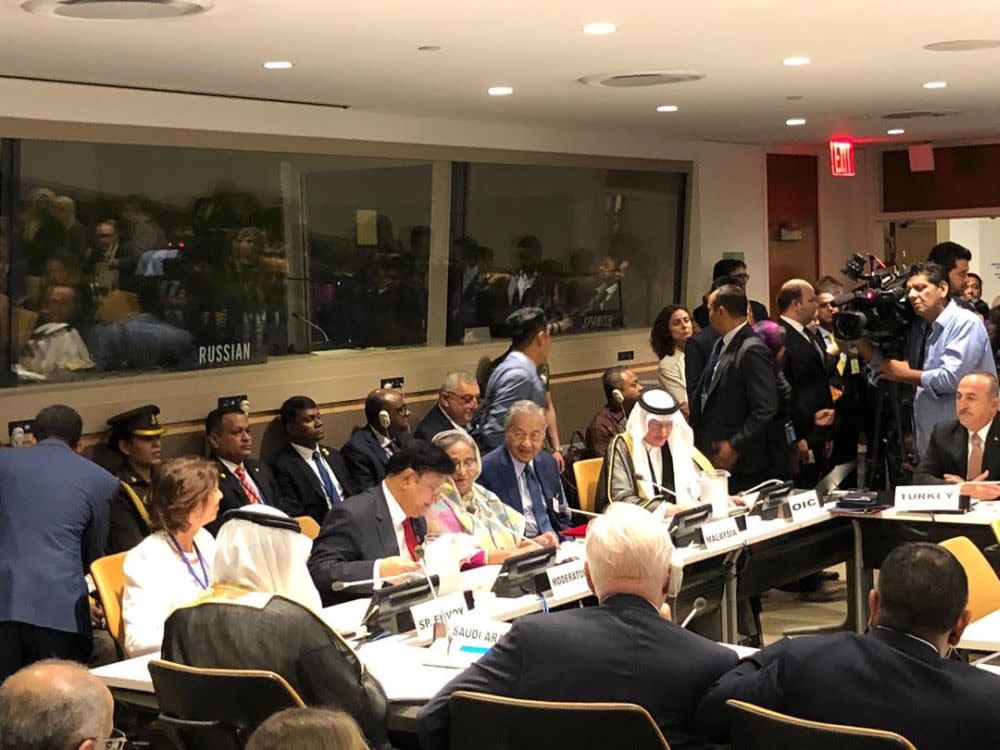 Tun Dr Mahathir Mohamad speaks during an event at the 74th United Nations General Assembly in New York September 25, 2019. — Picture via Twitter