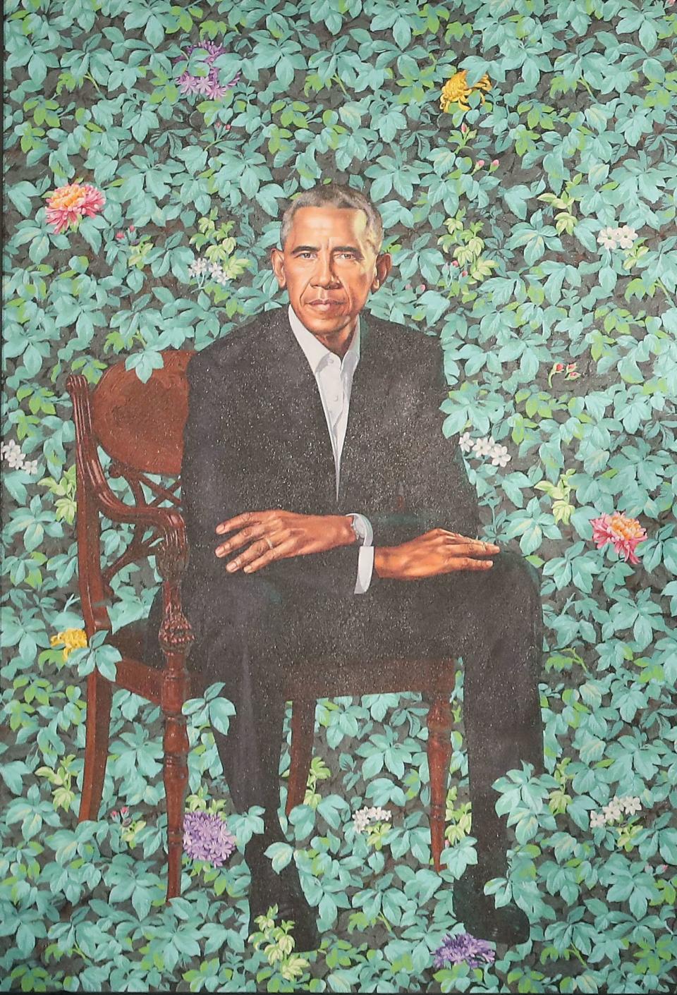 Barack Obama's portrait by Kehinde Wiley in further detail. (Photo: Mark Wilson via Getty Images)