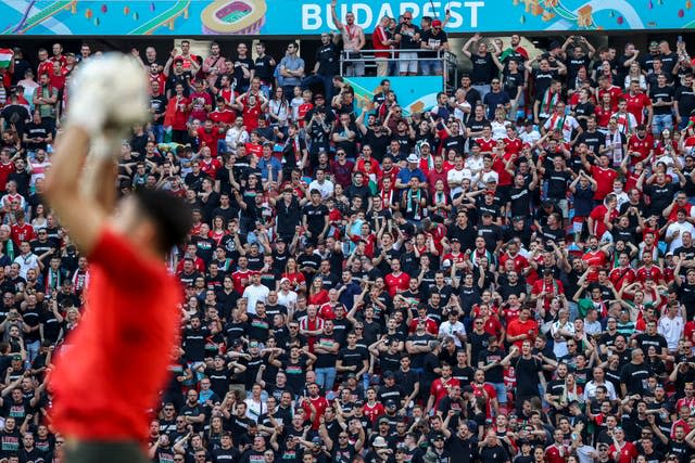 Fans attend the Euro 2020 Group F match between Hungary and Portugal at the Ferenc Puskas Stadium in Budapest, Hungary