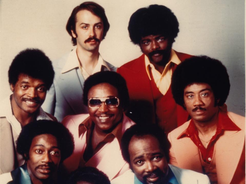 The Fatback Band pose for a studio group portrait in 1977 in the United States.