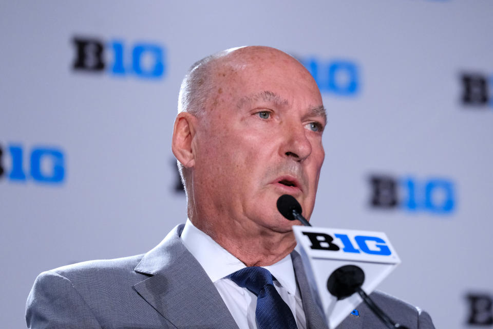 Big Ten commissioner Jim Delany speaks to the media during Big Ten football media days in July 2018 in Chicago. (Getty Images)