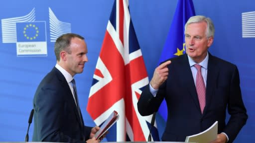 EU Chief Brexit Negotiator Michel Barnier (R) and Britain's Secretary of State for Exiting the European Union (Brexit Minister) Dominic Raab together in Brussels
