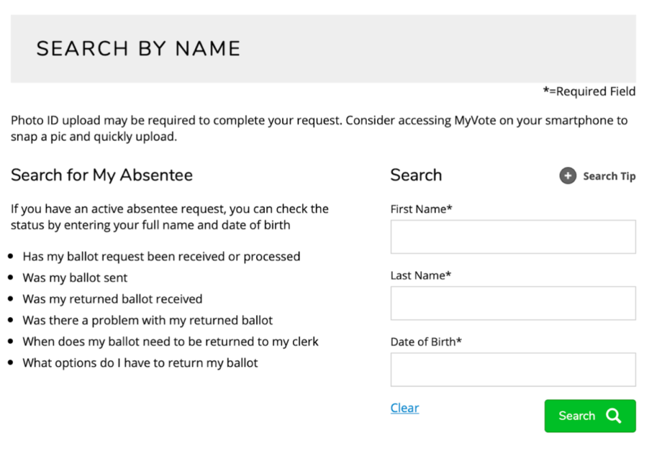 The search prompts for looking up your absentee ballot.