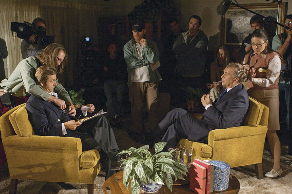 (L to R, foreground) MICHAEL SHEEN as David Frost, director/producer RON HOWARD and FRANK LANGELLA as Richard Nixon on the set of a drama that tells of the electrifying battle between a disgraced president with a legacy to save and a jet-setting television personality with a name to make--?Frost/Nixon?.