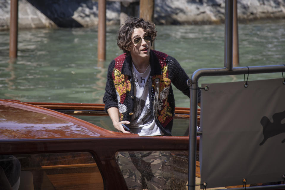 Timothee Chalamet poses for photographers upon arrival for the photo call of the film 'Bones and All' during the 79th edition of the Venice Film Festival in Venice, Italy, Friday, Sept. 2, 2022. (Photo by Vianney Le Caer/Invision/AP)