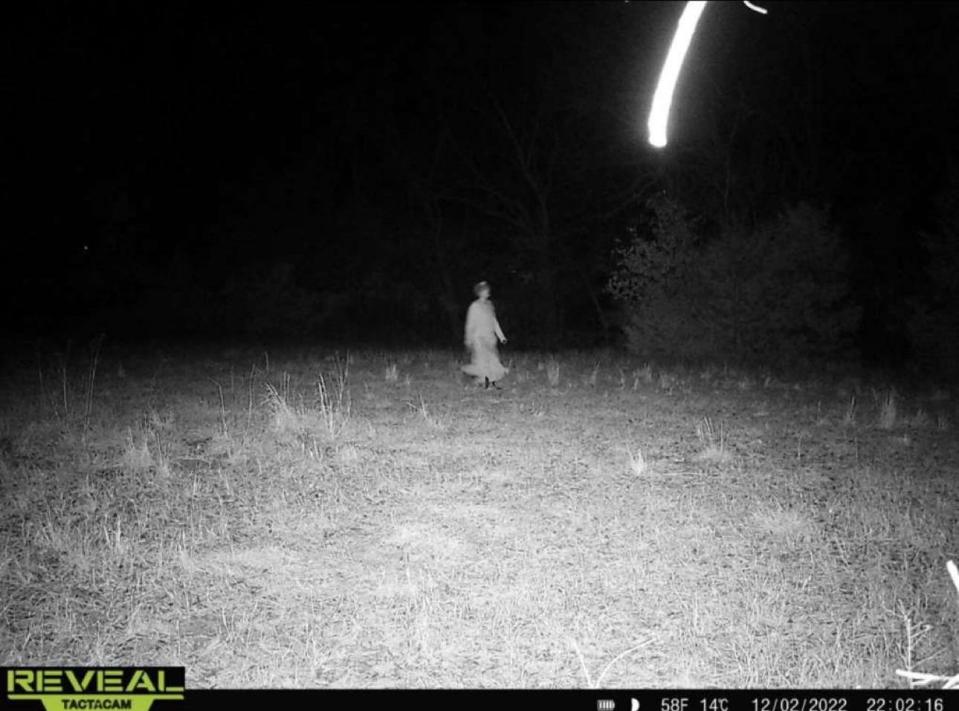 woman walking in a long dress in the middle of a field