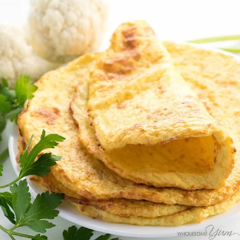 <p>Wholesome Yum</p><p>An easy cauliflower tortillas recipe with just four ingredients that can bend without breaking. </p><p><strong>Get the recipe: </strong><a href="https://www.wholesomeyum.com/recipes/cauliflower-tortillas-recipe/" rel="nofollow noopener" target="_blank" data-ylk="slk:Cauliflower Tortillas Recipe;elm:context_link;itc:0;sec:content-canvas" class="link rapid-noclick-resp"><strong>Cauliflower Tortillas Recipe</strong></a></p>