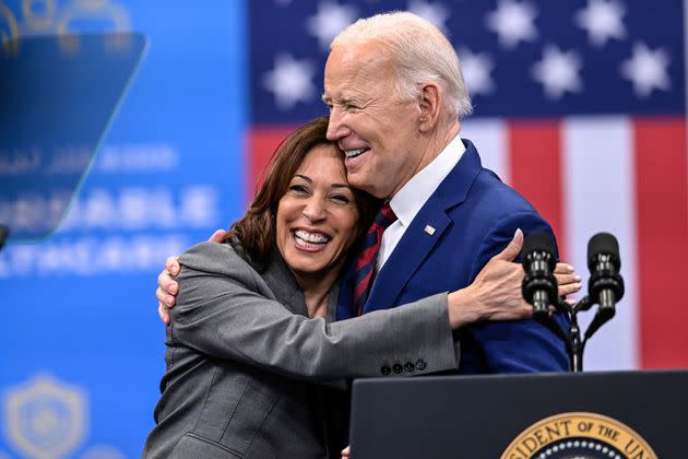 Vice President Kamala Harris embraces President Joe Biden after a speech on health care in Raleigh, North Carolina, on March 26. Biden dropped out of the 2024 race for the White House on Sunday ending his bid for reelection following a disastrous debate with Donald Trump that raised doubts about his fitness for office just four months before the election. 