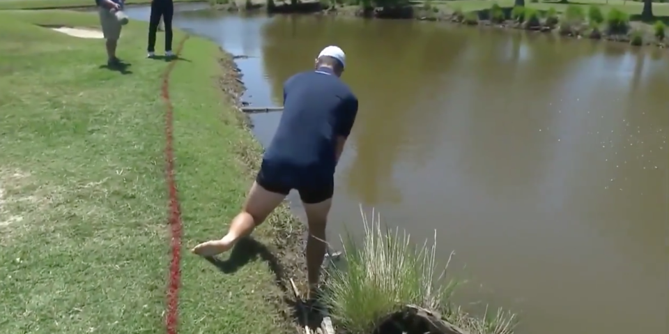 Justin Rose gets wet. (via screenshot)