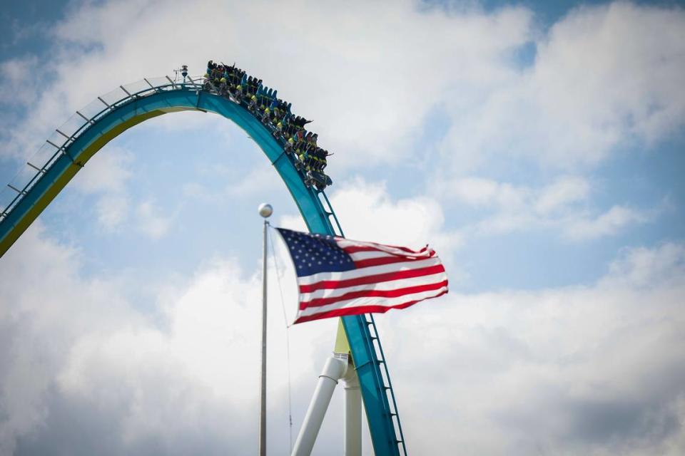 The Fury 325 rollercoaster at Carowinds can reach speeds of up to 95 mph during its 81-degree plunge. Alex Slitz/CHARLOTTE OBSERVER FILE PHOTO