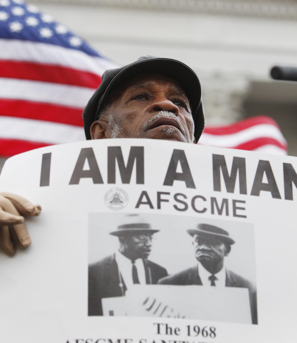 FILE - Elmore Nickleberry, of Memphis, attends a Martin Luther King rally at the state Capitol in Madison, Wis., Monday, April 4, 2011. Nickleberry, the longtime Memphis sanitation worker who participated in the pivotal 1968 strike that brought the Rev. Martin Luther King to the city where the civil rights leader was killed, died, Saturday, Dec. 30, 2023, in Memphis, according to an obituary by R.S. Lewis and Sons Funeral Home. He was 92. (AP Photo/Andy Manis, File)