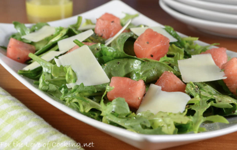 <p>For the Love of Cooking</p><p>You will love the combination of the tart lemon vinaigrette with the peppery arugula, the sweet watermelon, and the salty Parmesan. The salad was not only pretty to look at, but it's also tasty too!</p><p><a href="http://www.fortheloveofcooking.net/2017/05/watermelon-arugula-and-spinach-salad-with-shaved-parmesan.html" rel="nofollow noopener" target="_blank" data-ylk="slk:Get the recipe: Watermelon, Arugula, and Spinach Salad with Shaved Parmesan;elm:context_link;itc:0;sec:content-canvas" class="link "><strong>Get the recipe: Watermelon, Arugula, and Spinach Salad with Shaved Parmesan</strong></a></p>