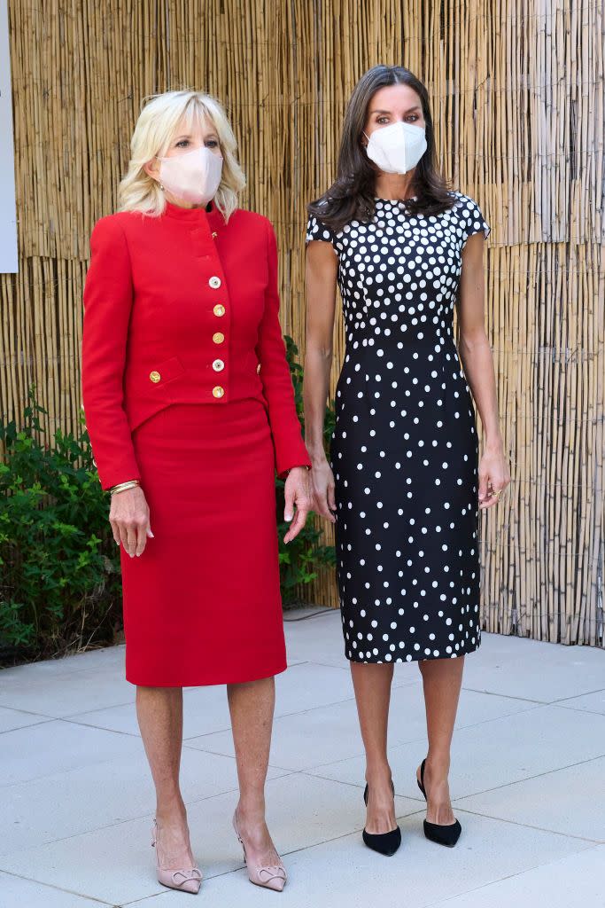 queen letizia and first lady jill biden visit cancer association in madrid