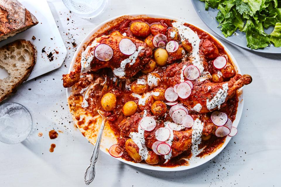 This paprikash-inspired Dutch oven chicken takes all its flavor cues from the Hungarian dish, leaving the choice of hot or sweet paprika totally up to you. <a href="https://www.epicurious.com/recipes/food/views/chicken-stew-with-potatoes-and-radishes?mbid=synd_yahoo_rss" rel="nofollow noopener" target="_blank" data-ylk="slk:See recipe.;elm:context_link;itc:0" class="link ">See recipe.</a>