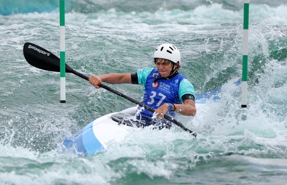 Connar Haakenson competes in the men's kayak during 2024 Olympic Team Trials for Canoe/Kayak Slalom and Kayak Cross at the RIVERSPORT Whitewater Center in Oklahoma City, Friday, April 26, 2024.