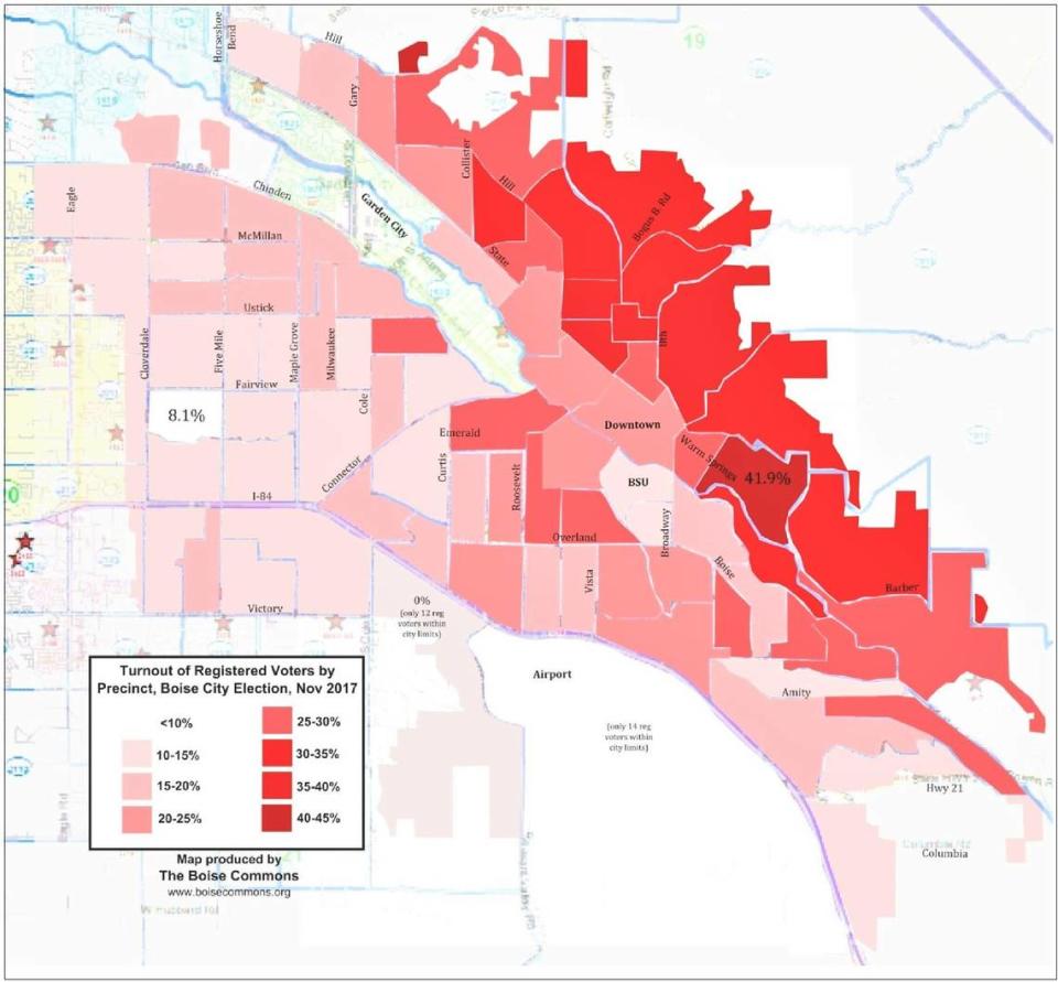 A map of voter turnout by precincts in Boise for the 2017 municipal elections. Historically, neighborhoods on the eastern half of the city have had higher levels of turnout.