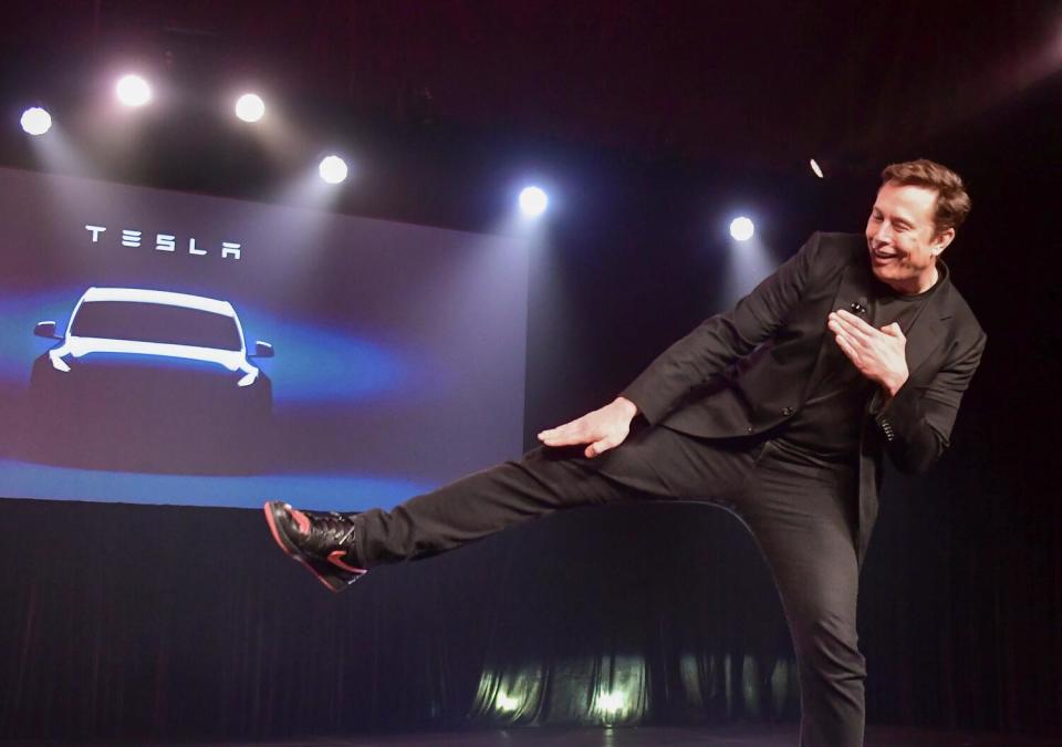 Elon Musk on stage during the unveiling of the new Tesla Model Y in 2019