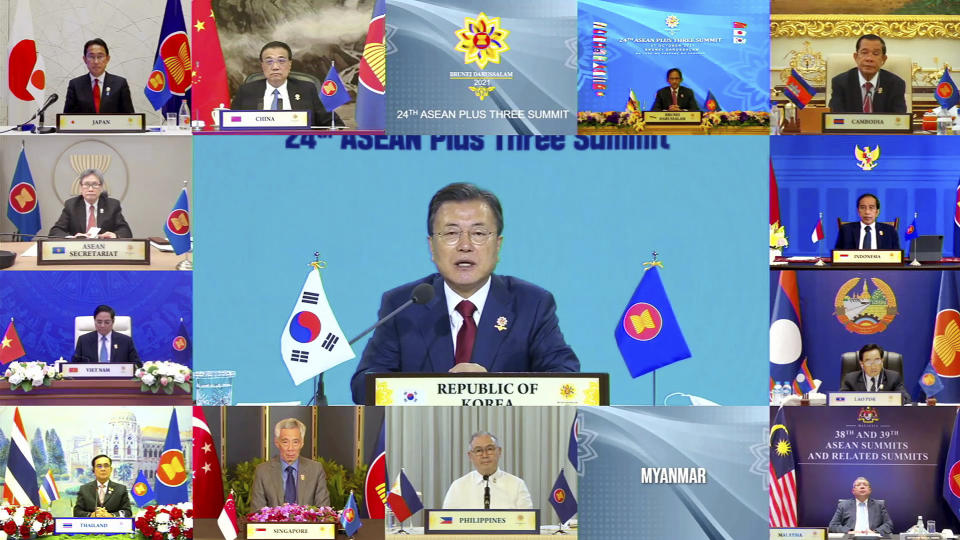 In this image released by Brunei ASEAN Summit, South Korean President Moon Jae-in speaks in a virtual meeting of ASEAN-Plus Three Summit on the sidelines of the Association of Southeast Asian Nations (ASEAN) summit with the leaders, Wednesday, Oct. 27, 2021. Southeast Asian leaders began their annual summit without Myanmar on Tuesday amid a diplomatic standoff over the exclusion of the leader of the military-ruled nation from the group's meetings. An empty box of Myanmar is seen at bottom second from right. (Brunei ASEAN Summit via AP)