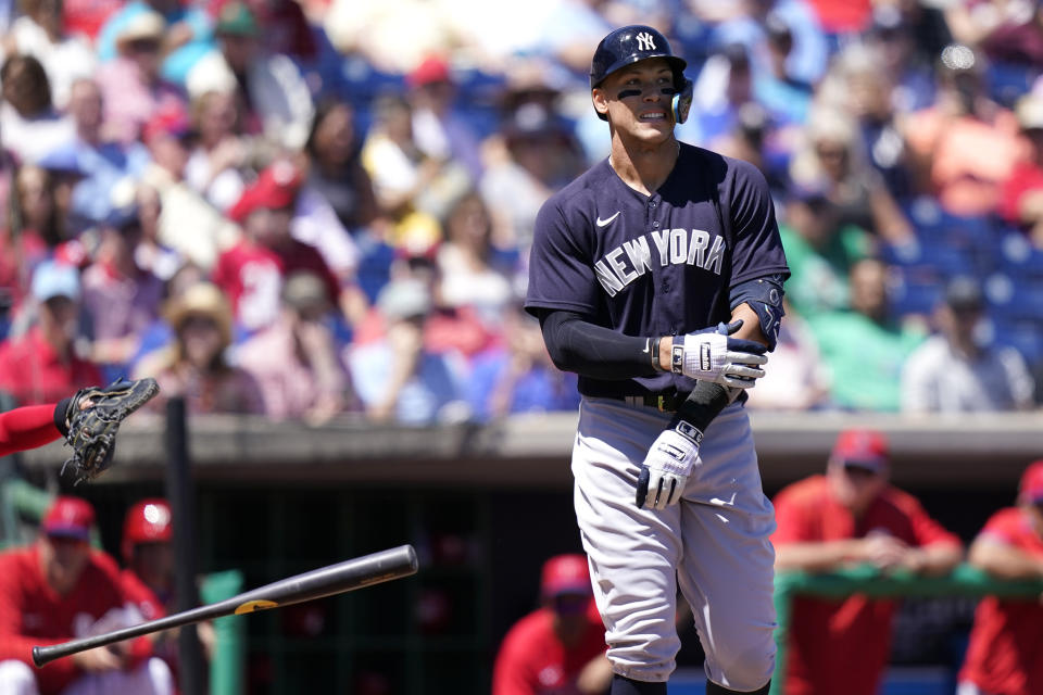 New York Yankees' Aaron Judge draws a walk during the first inning of a spring training baseball game against the Philadelphia Phillies, Friday, March 25, 2022, in Clearwater, Fla. (AP Photo/Lynne Sladky)
