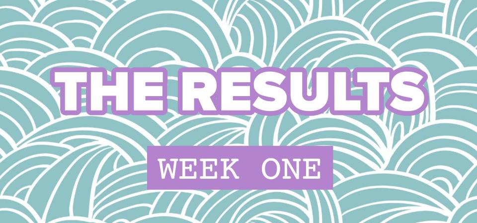 Text: "THE RESULTS, week one" over a decorative background