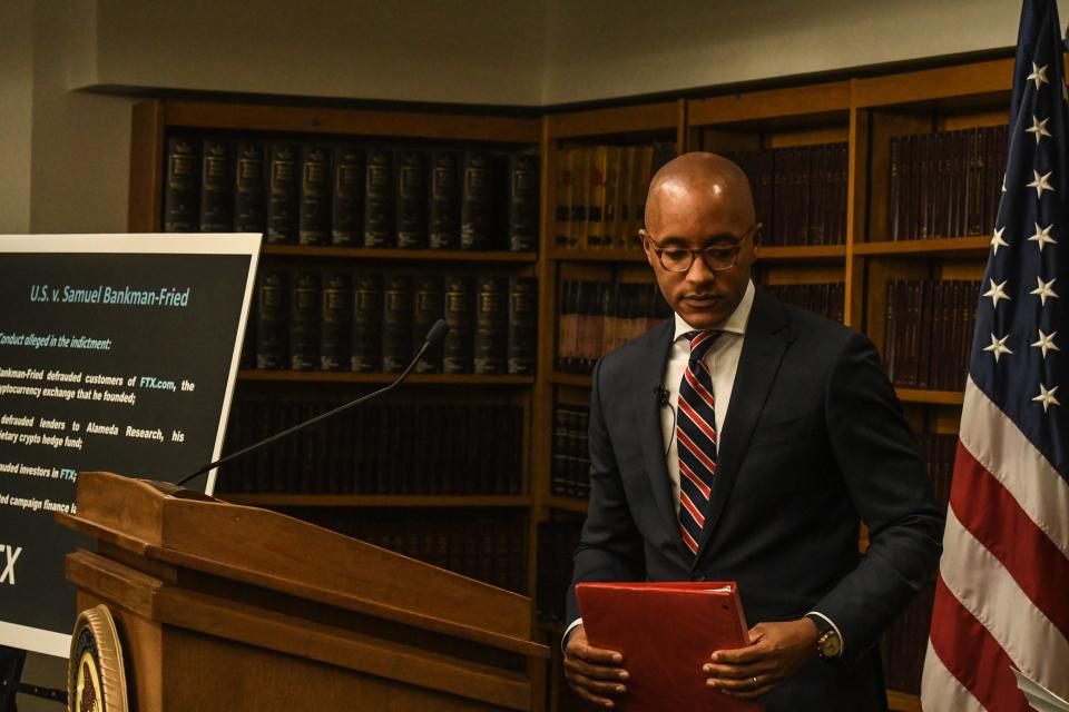 Damian Williams, US attorney for the Southern District of New York, announces the indictment of Samuel Bankman-Fried on December 13, 2022 in New York City.