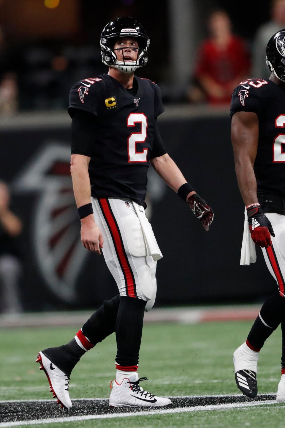 <p>
              Atlanta Falcons quarterback Matt Ryan (2) leaves the field during the second half of an NFL football game against the New Orleans Saints, Thursday, Nov. 28, 2019, in Atlanta. The New Orleans Saints won 26-18. (AP Photo/John Bazemore)
            </p>