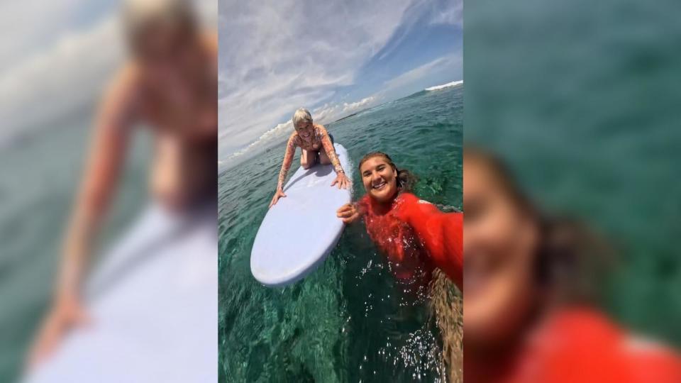 PHOTO: Brisa Hennessy teaches her 80-year-old grandma Dona Holmes to surf for the first time. (@brisahennessy/Instagram)