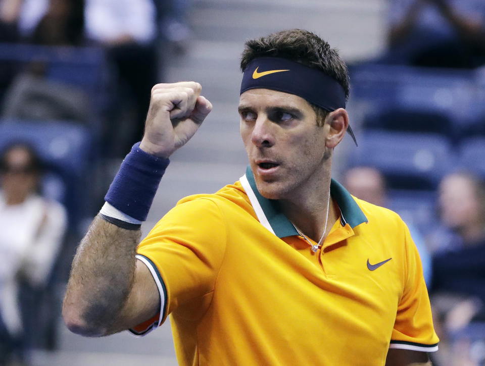 Juan Martin del Potro, of Argentina, reacts after winning a point against Rafael Nadal, of Spain, during the semifinals of the U.S. Open tennis tournament, Friday, Sept. 7, 2018, in New York. (AP Photo/Seth Wenig)