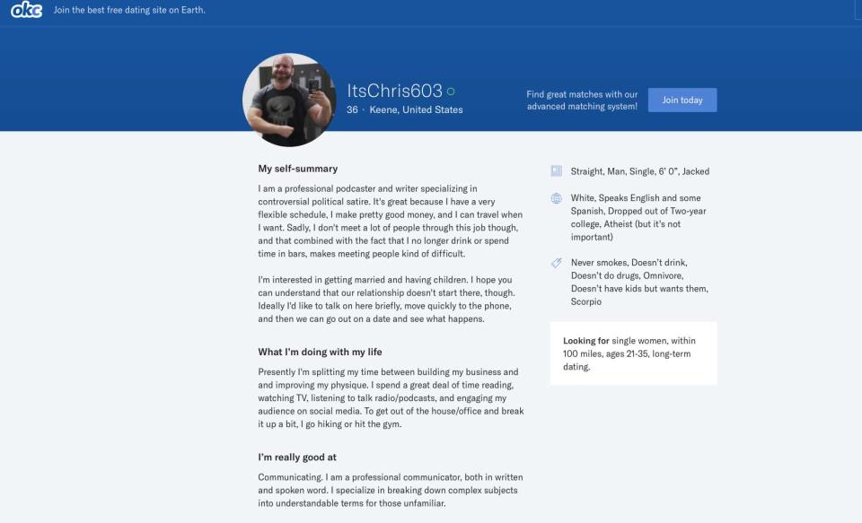 Christopher Cantwell’s profile page on OkCupid