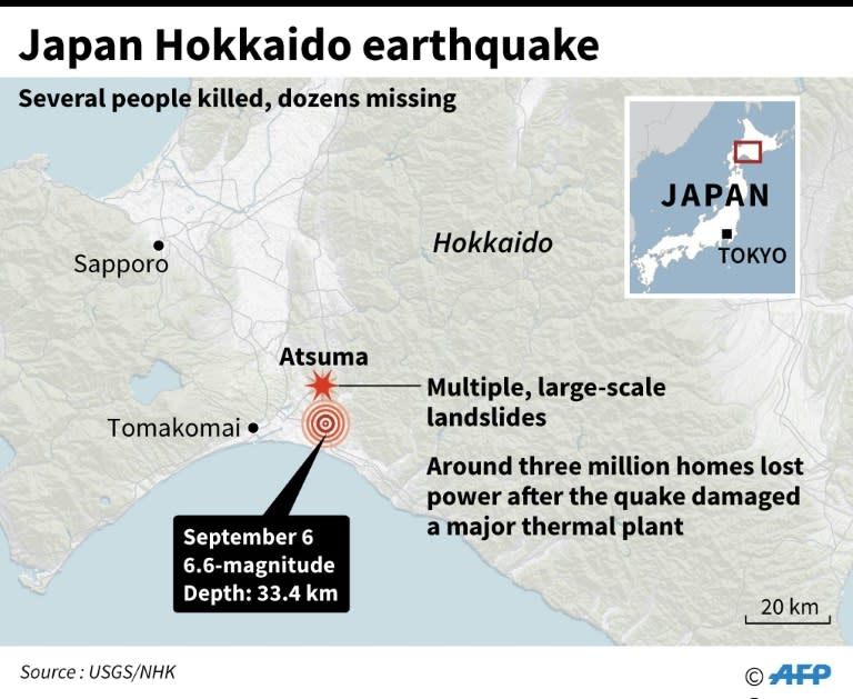 Updated map locating the epicentre of a 6.6-magnitude quake that hit Hokkaido and landslide zone