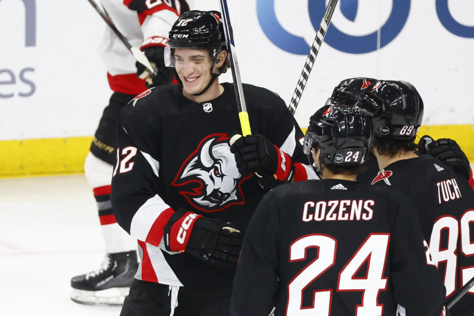 Buffalo Sabres center Tage Thompson (72) celebrates after his goal during the third period of an NHL hockey game against the Ottawa Senators, Thursday, April 13, 2023, in Buffalo, N.Y. (AP Photo/Jeffrey T. Barnes)