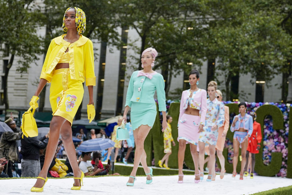 The Moschino collection is modeled during New York Fashion Week, Thursday, Sept. 9, 2021. (AP Photo/Mary Altaffer)