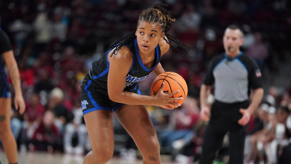 Memphis guard Jamirah Shutes looks for an open teammate during the second half of an NCAA college basketball game against South Carolina Saturday, Dec. 3, 2022, in Columbia, S.C. South Carolina won 79-54.(AP Photo/Sean Rayford)