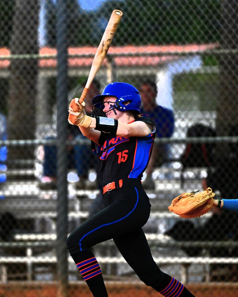 Palm Beach Gardens outfielder Holly Frankl takes a swing during the fifth inning of the Gators' regular season game against Park Vista on April 24, 2024.