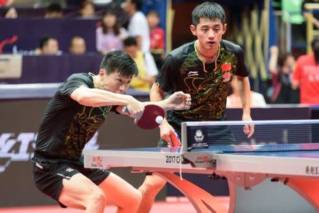 Table Tennis - China Open tournament - Men's Doubles First Round Match - Chengdu - China - June 22, 2017 - Ma Long (CHN) of China and Zhang Jike (CHN) of China compete during the China Open tournament. Picture taken June 22, 2017. REUTERS/Stringer