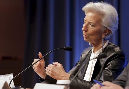 IMF Managing Director Christine Lagarde speaks during a news conference after the International Monetary and Financial Committee (IMFC) Meeting at the 2016 World Bank-IMF Spring Meeting in Washington April 16, 2016. REUTERS/Joshua Roberts