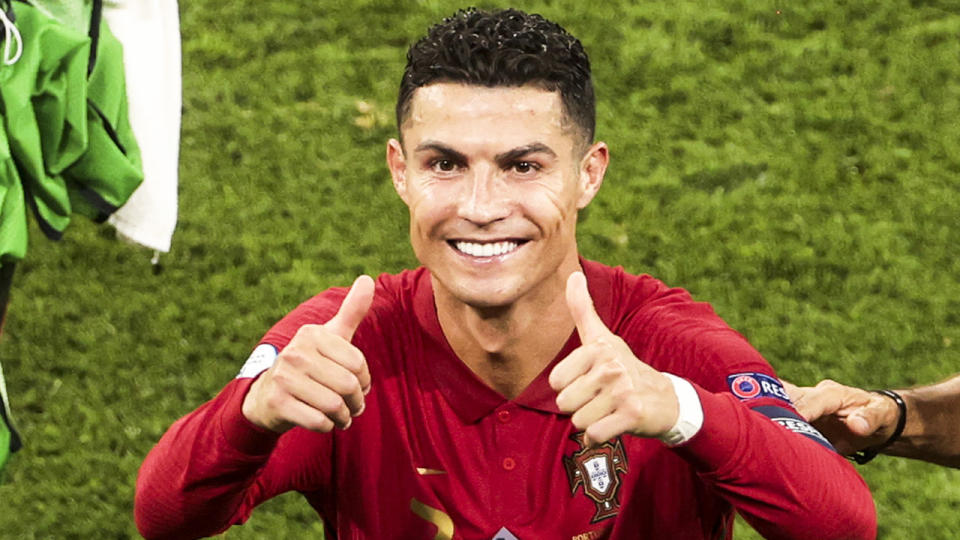 Pictured here, Cristiano Ronaldo gives two thumbs up after Portugal qualify for the Euro 2020 knockout stages.