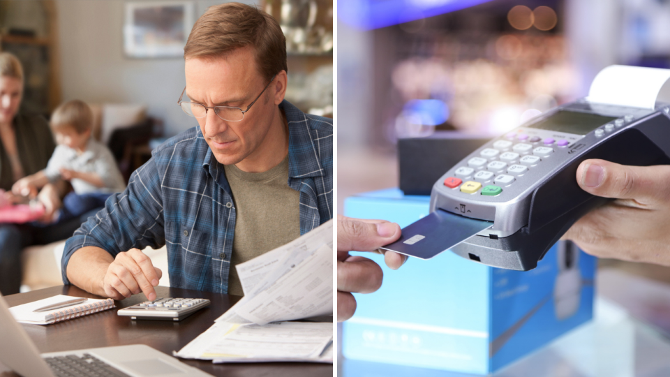 Father does personal finances at home at desk, close image of person using eftpos machine to pay for school expenses. 