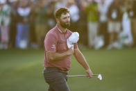 Jon Rahm, of Spain, celebrates on the 18th green after winning the Masters golf tournament at Augusta National Golf Club on Sunday, April 9, 2023, in Augusta, Ga. (AP Photo/Jae C. Hong)