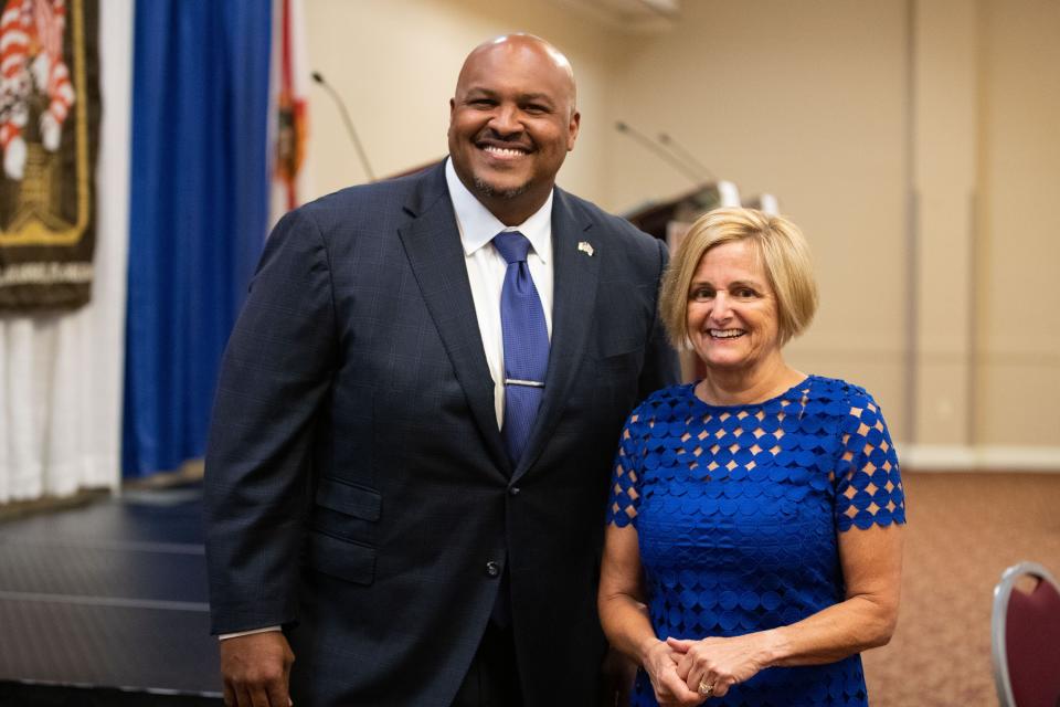 Senate District 3 candidates Corey Simon and Sen. Loranne Ausley pose for a photo together before they take the stage to debate one another during a lunch hosted by the Capital Tiger Bay Club on Monday, Oct. 3, 2022.