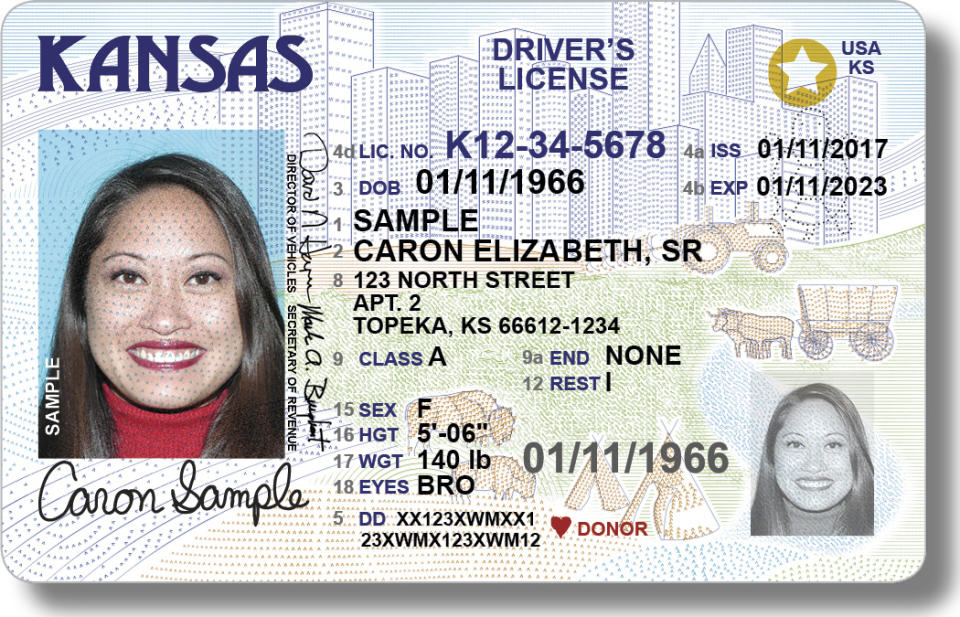 FILE - This image from the Kansas Department of Revenue shows a sample driver's license issued by the state's Division of Vehicles, first produced in June 2021. Officials under Kansas' Democratic governor are seeking to have the state resume changing gender identification on driver’s licenses of transgender people. (Kansas Department of Revenue via AP)