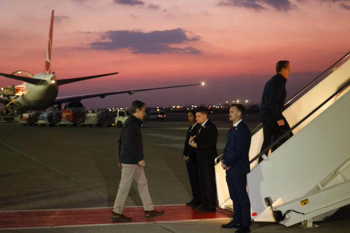 U.S. Secretary of State Antony Blinken boards a plane at Incirlik Air Base near Adana, Turkey, Sunday, Feb. 19, 2023. (Clodagh Kilcoyne/Pool Photo via AP)